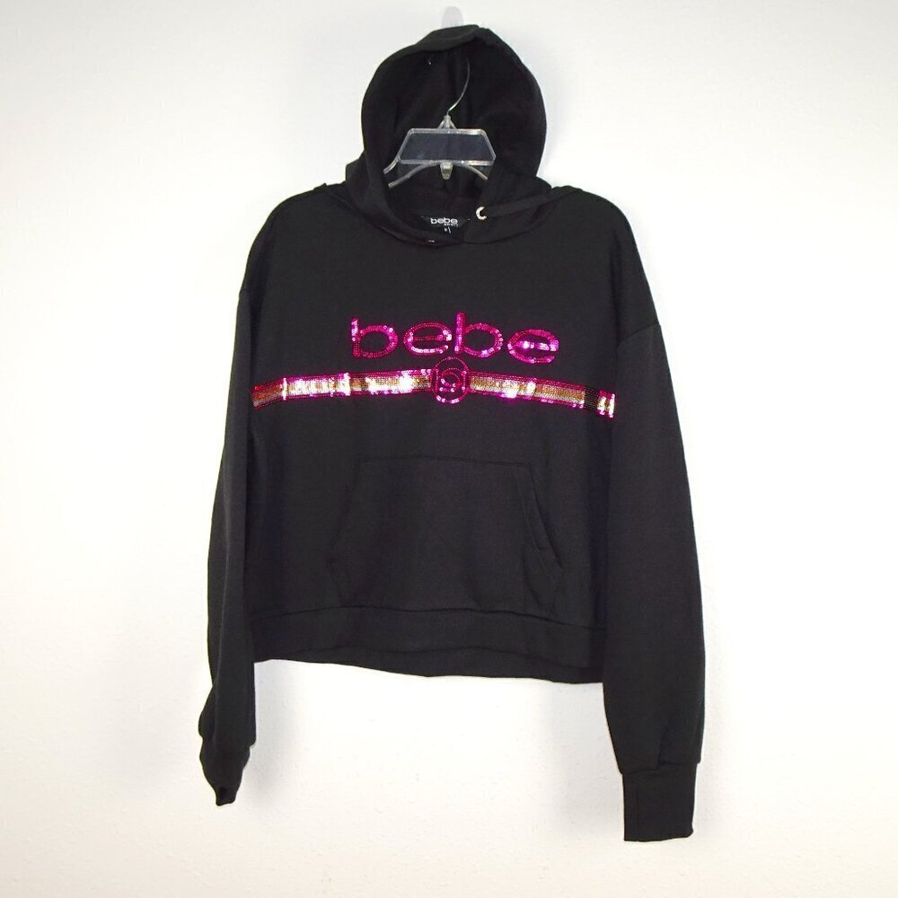 Bebe Logo Hoodie Women's Plus Size 1X Black Sequin Logo Popover Sweatshirt